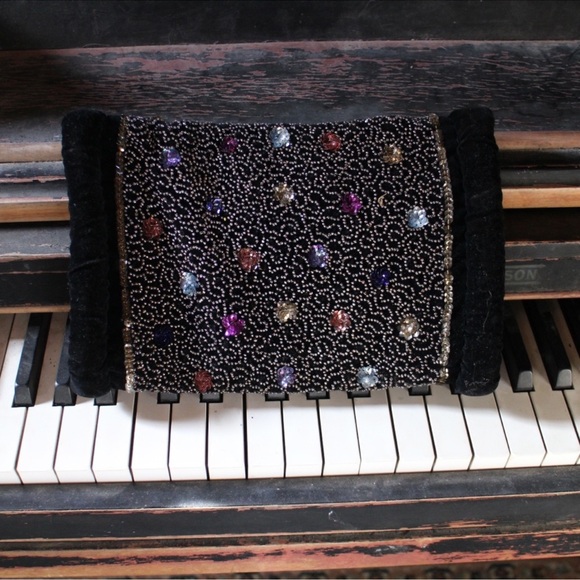 Vintage Velvet Black and Purple Beaded Gypsy Boho Clutch